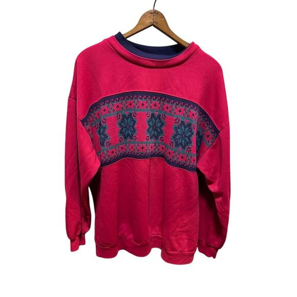 Vintage embroidered crewneck sweatshirt snowflake Sheridan Square pink blue 90s - Picture 1 of 6